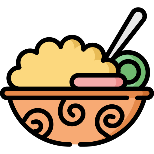 Plato de arroz con salchichas y un acompañamiento de verduras en un cuenco decorativo. Ideal para recetas rápidas y nutritivas.