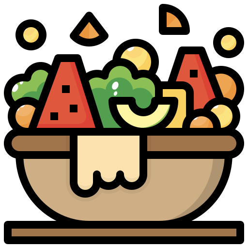 Ensalada colorida con frutas y verduras frescas, incluyendo sandía, melón y hojas verdes, presentada en un tazón.