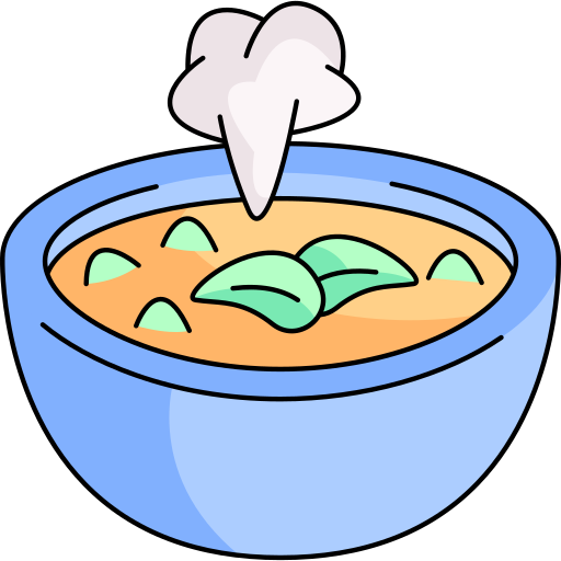Tazón de sopa humeante con ingredientes verdes, ilustración colorida y atractiva.