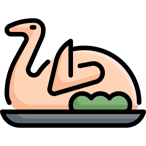 Ícono de un pavo en un plato con un diseño estilizado, representando una comida festiva o un plato típico.