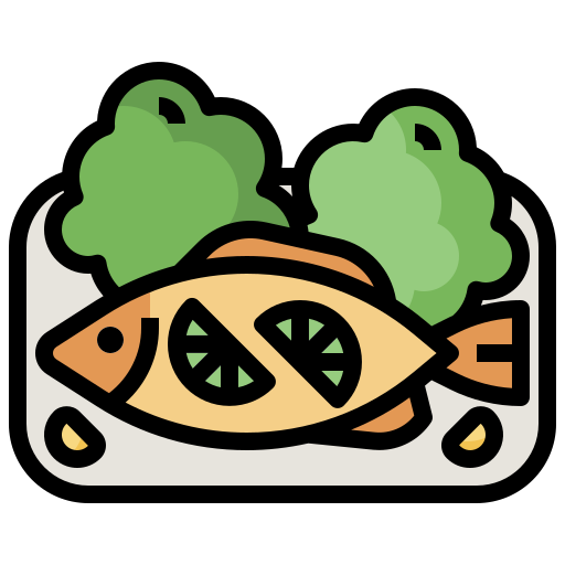 Ilustración de un plato con pescado asado decorado con rodajas de limón y acompañado de brócoli. Ideal para recetas saludables y nutritivas.